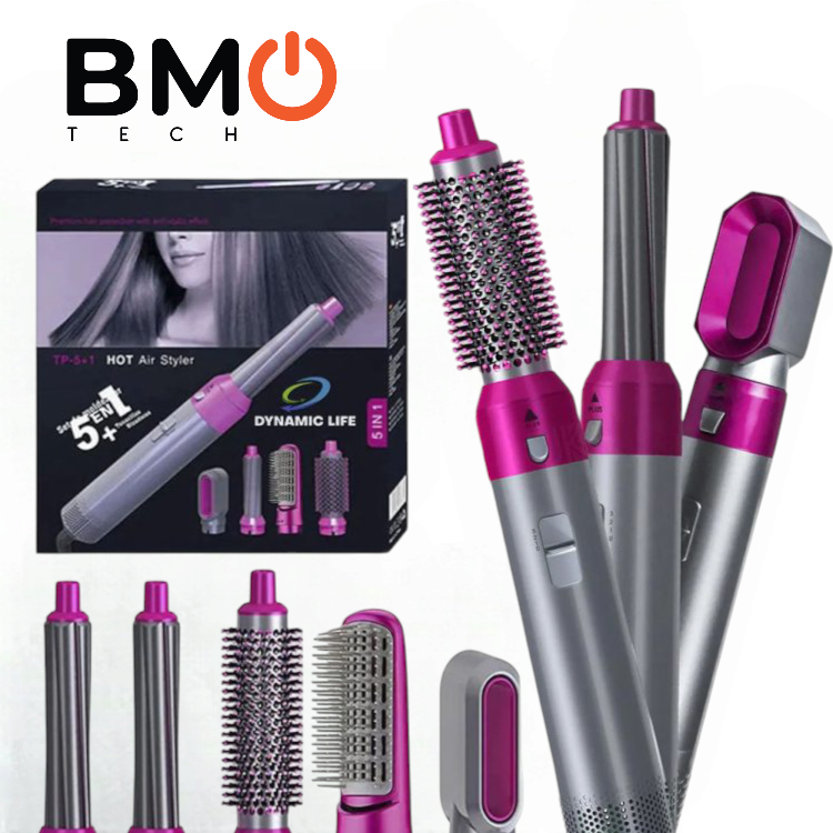 A versatile 5-in-1 hot air dryer with multiple attachments for styling, curling, straightening, and volumizing hair.